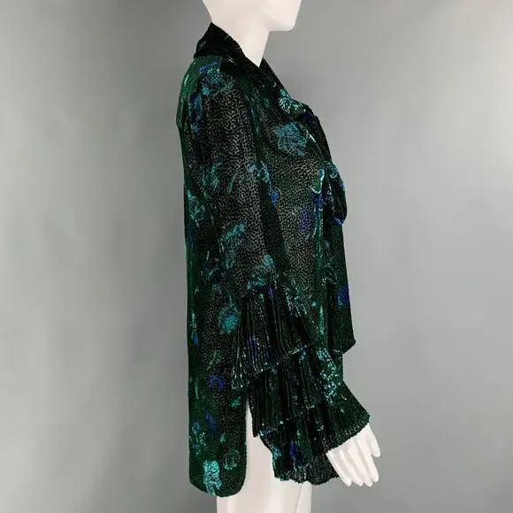 PRABAL GURUNG Size 0 Green Black Viscose Silk Abstract floral V-Neck Dress Top